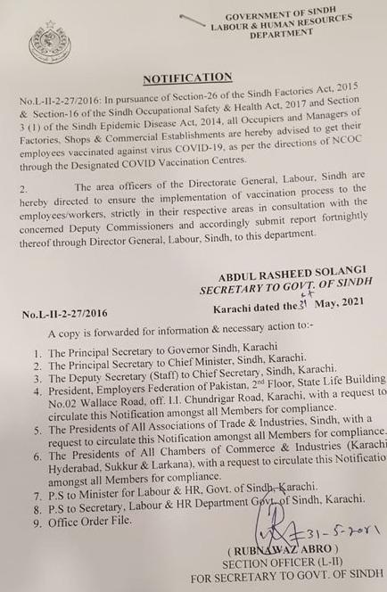 Attached is a Sindh Government, Labor & Human Resources Department Notification dated 31-05-2021 